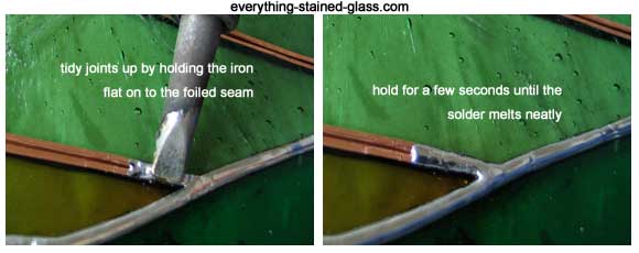 Making stained glass soldering neat using the hold and lift method