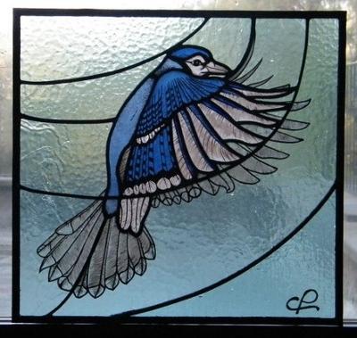 Costanza's Blue Jay Stained Glass Panel