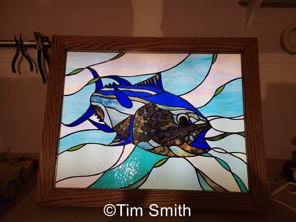 Backlit stained glass fish