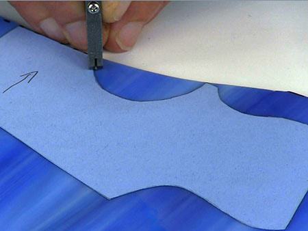 cutting blue glass with template